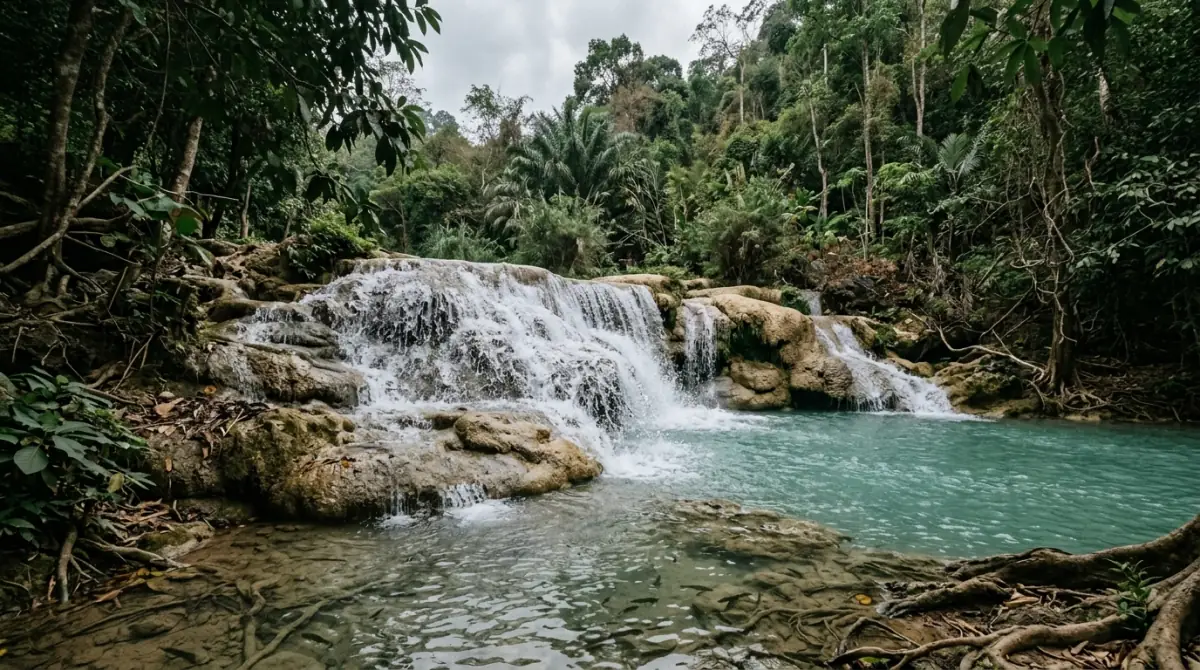 Tiered limestone waterfall falling into a bright turquoise pool