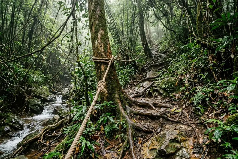 Steep rough forest path with tree-root steps climbing beside a stream