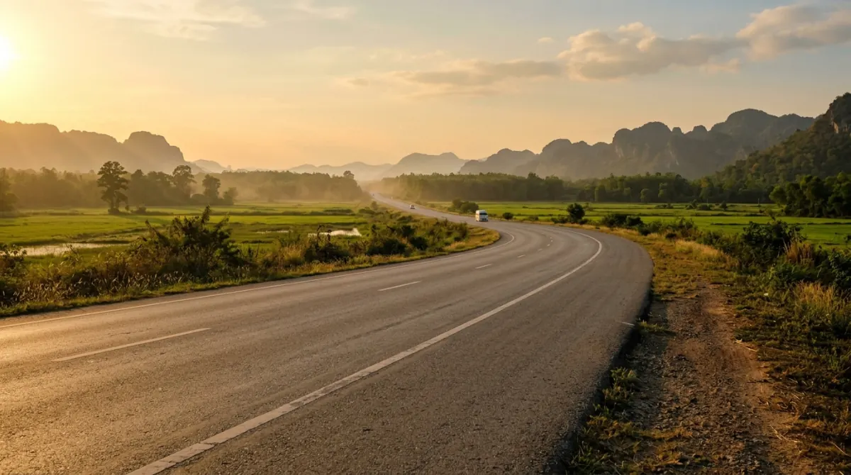 Highway heading west out of the lowlands toward hills at golden hour