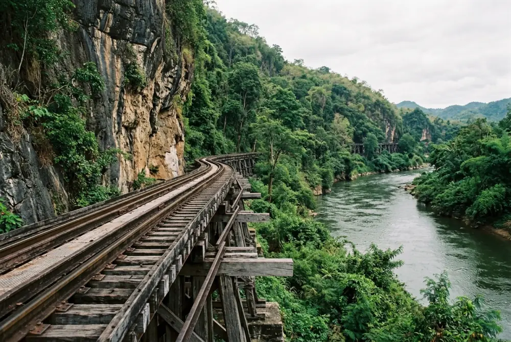 Wooden trestle viaduct carrying a single railway track along a river cliff