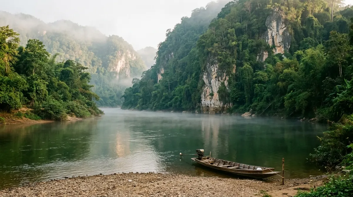 Wide river running between limestone hills and teak forest in western Thailand