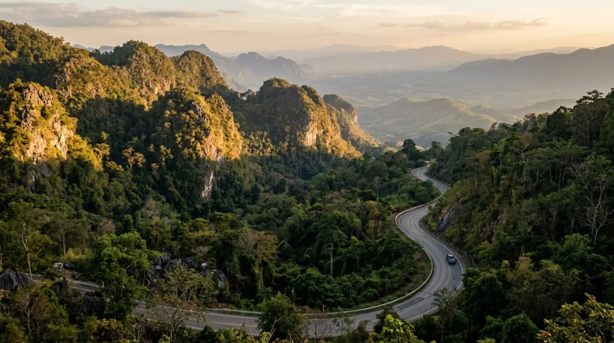 Country road winding through forested limestone country at golden hour
