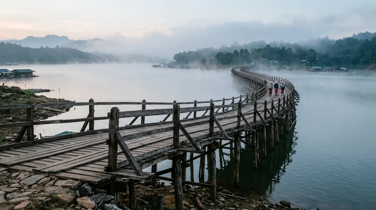 Long curving wooden footbridge crossing a wide reservoir in morning mist