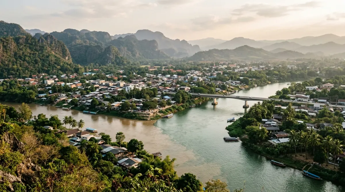 Two rivers meeting below a provincial town with hills beyond