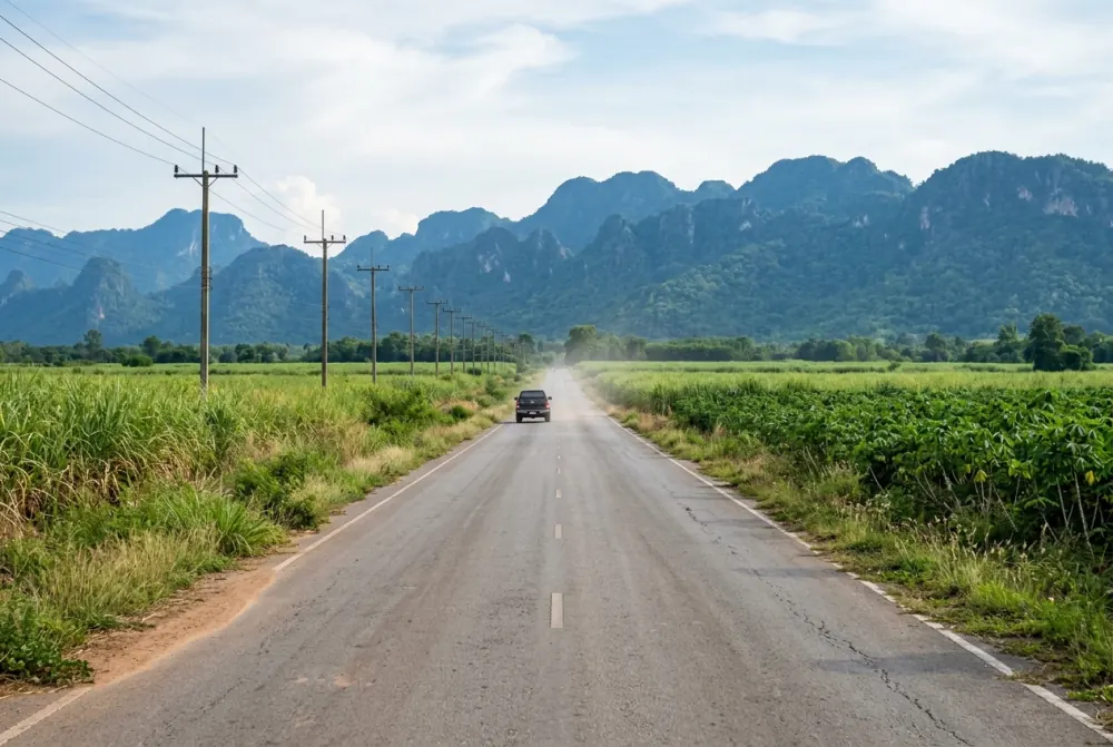 Rural highway running west toward distant forested ranges