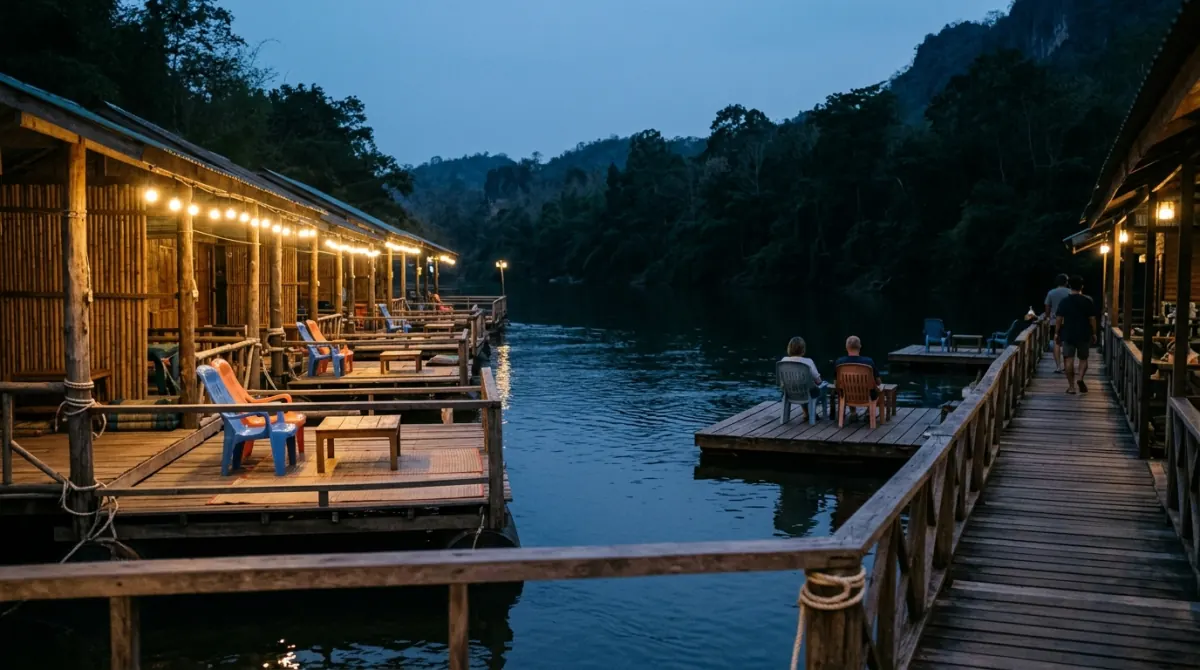 Riverside guesthouse decks and floating platforms at dusk