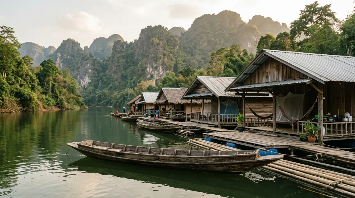 Floating timber raft houses moored along a river bank below forest