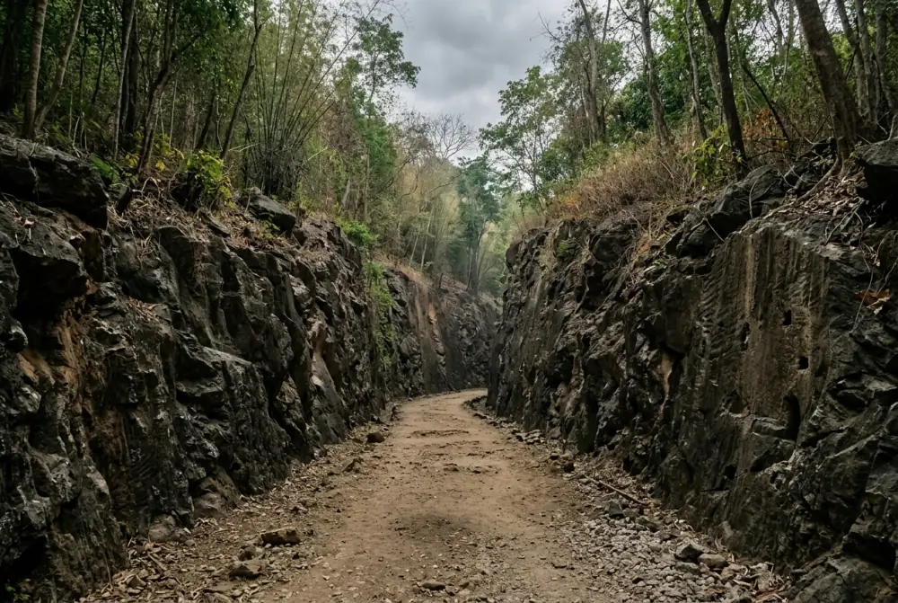 Narrow rock cutting hand-hewn through a stone ridge, now empty of track