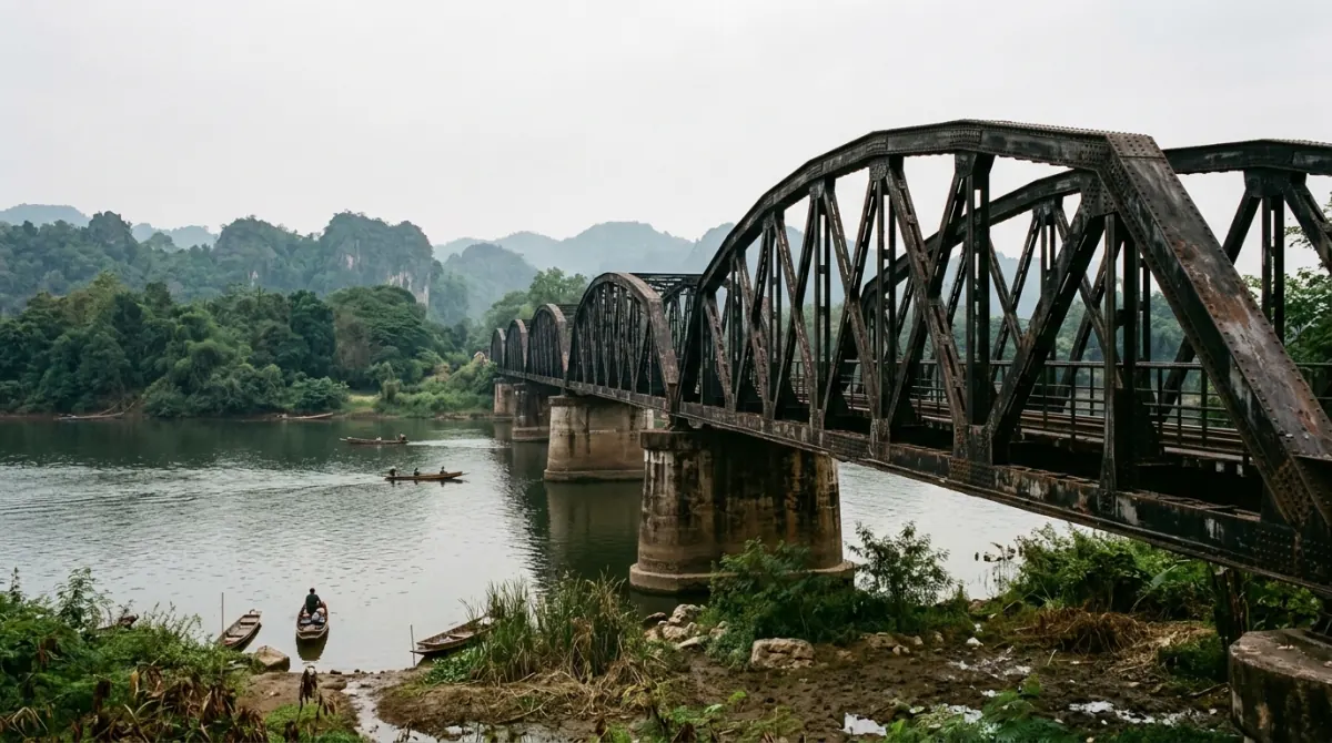 Steel truss railway bridge crossing a wide river